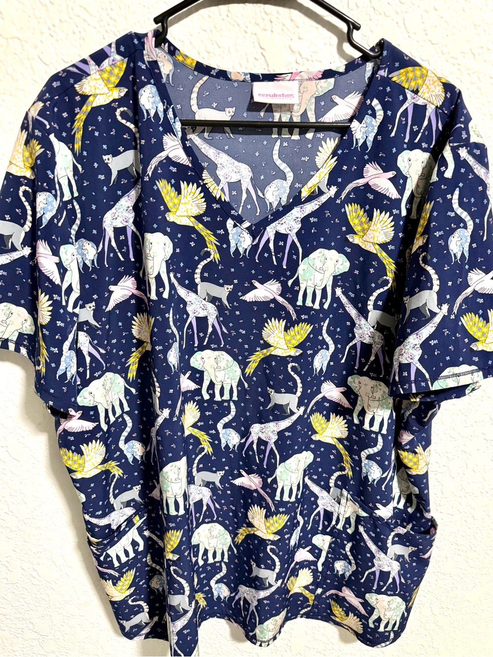 ScrubStar Navy Animal Print Scrub Top with Yellow Accents Size 3X